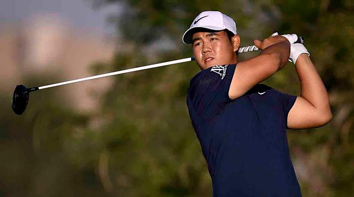 Tom Kim of South Korea plays his shot from the 18th tee during the final round of the 2023 Shriners Children's Open at TPC Summerlin in Las Vegas.